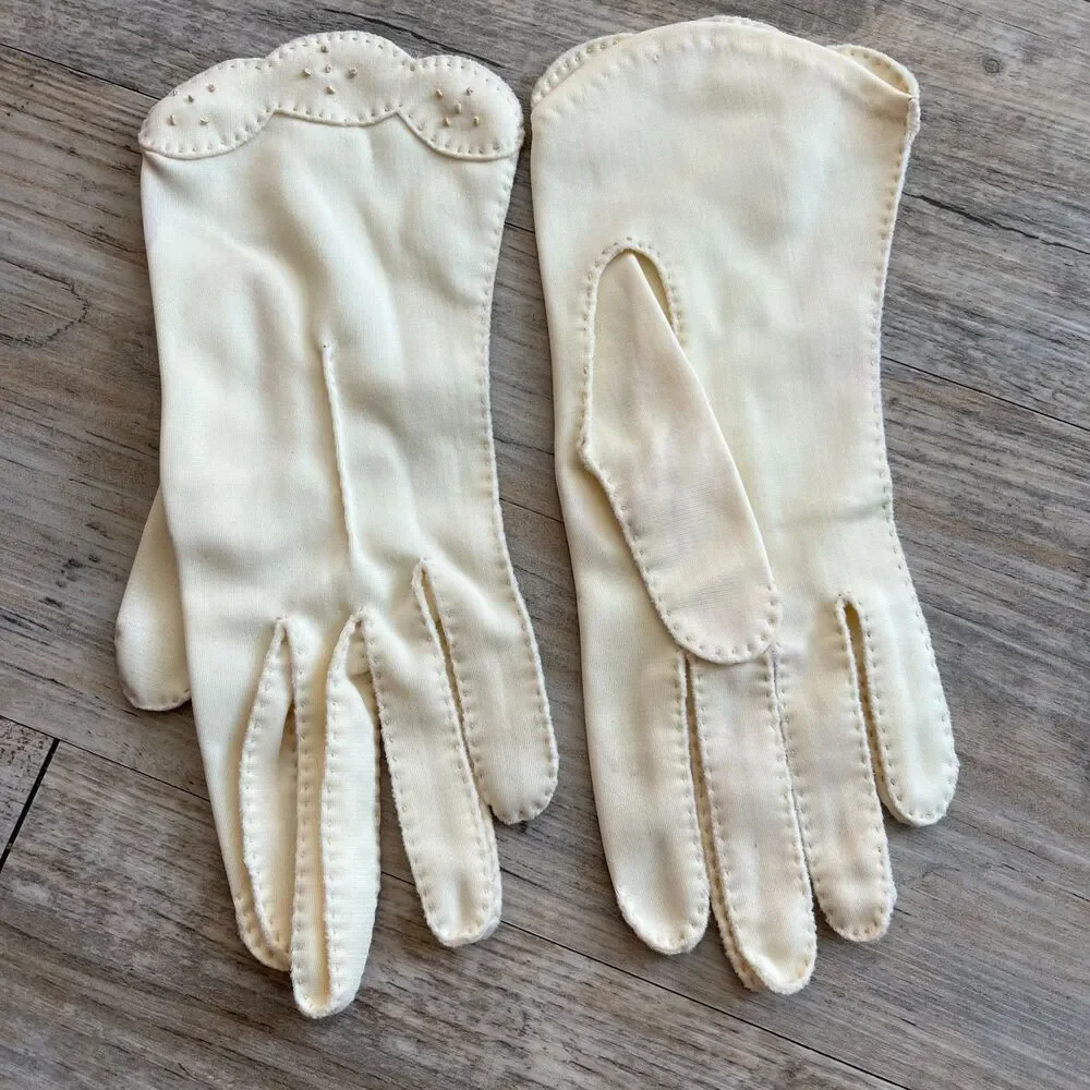 Vintage 60s White Gloves Beading Stitching Off White Cream Antique